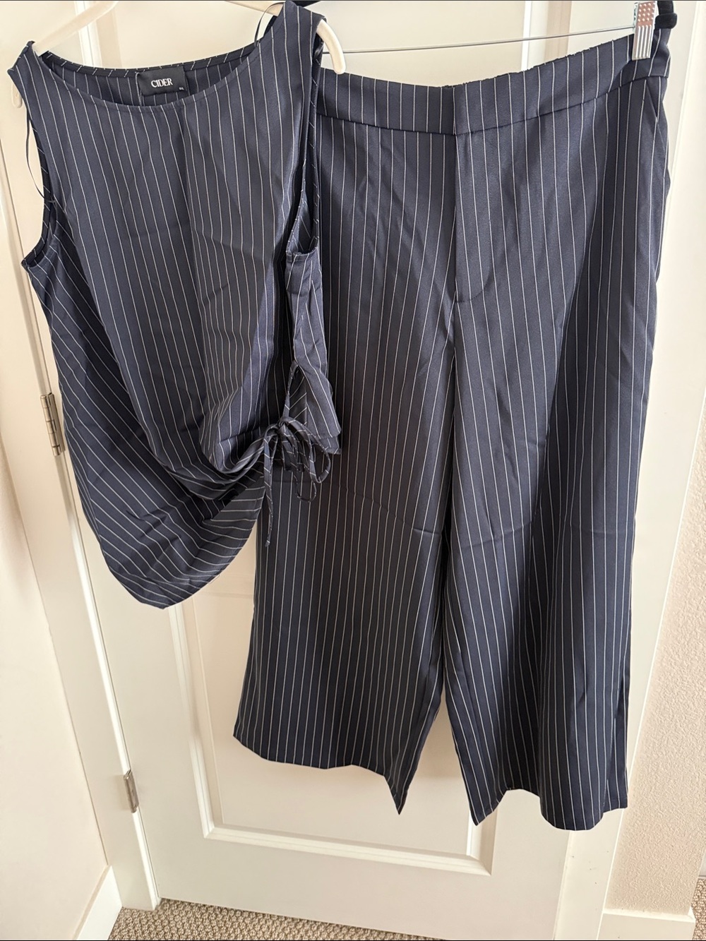 Cider Navy Pinstripe Office Set - Top & Wide-Leg Pants Slacks